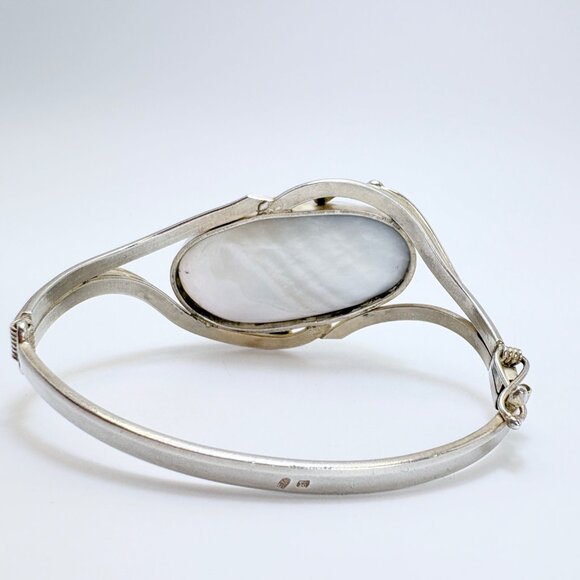VTG Sterling Silver 925 Large Gray Mobe Pearl Hinged Bangle Bracelet Size L - Picture 5 of 11